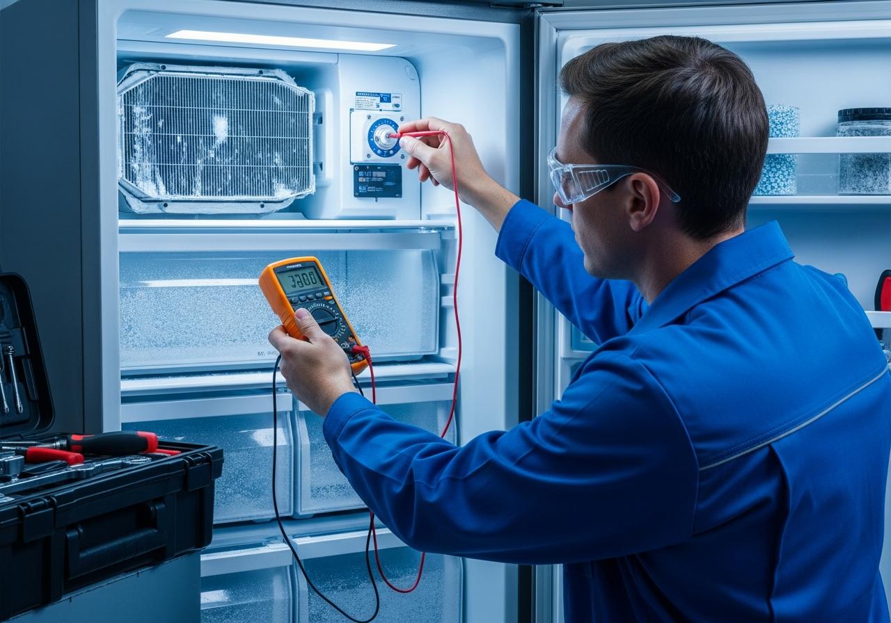 Technician checking a chest freezer