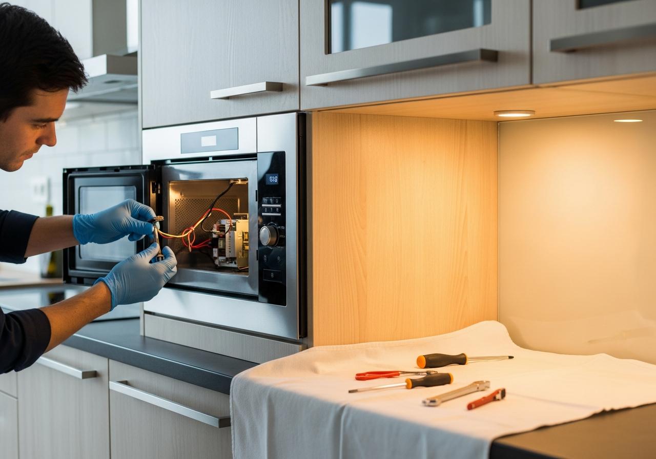 Technician repairing a built-in microwave oven