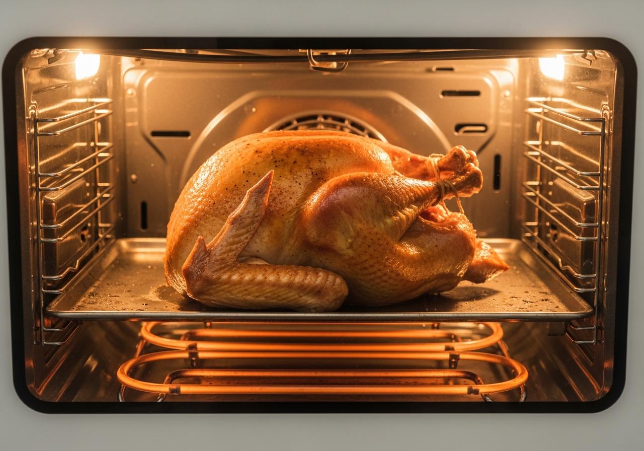 Golden roasted turkey in illuminated oven