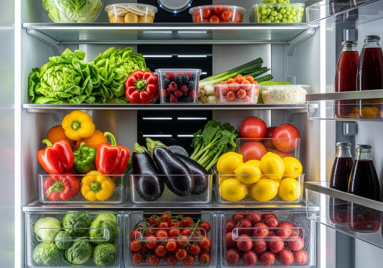 Modern refrigerator interior with fresh produce