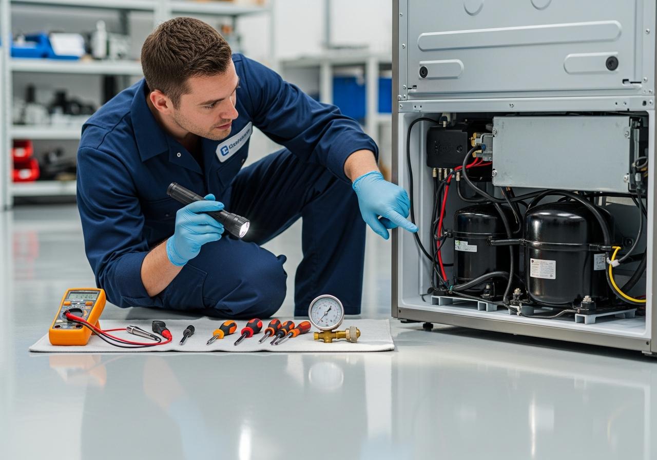 Technician repairing a built-in Sub-Zero refrigerator