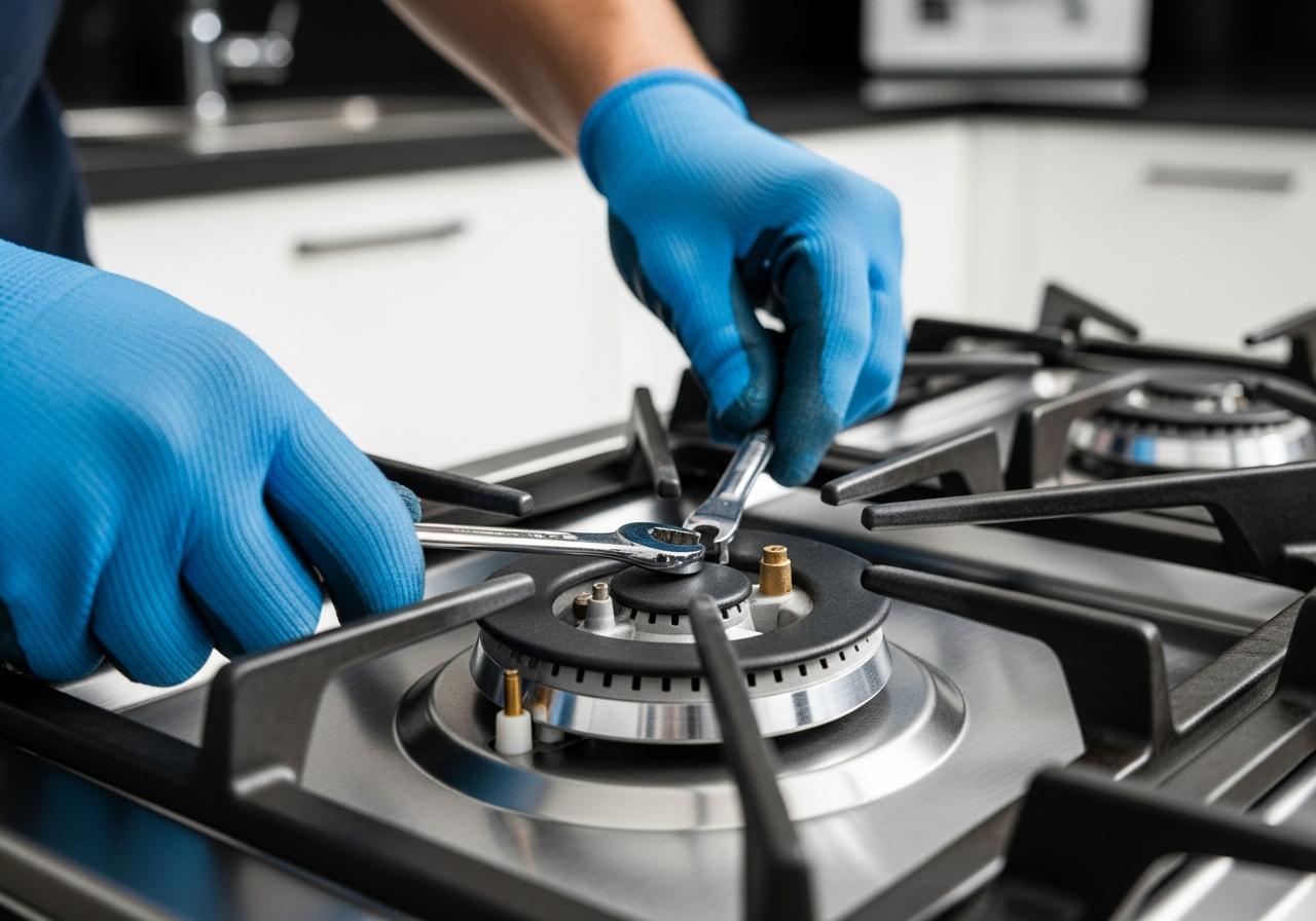 Technician repairing a gas cooktop burner